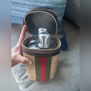 Vtg leather flask holder with 2 flasks